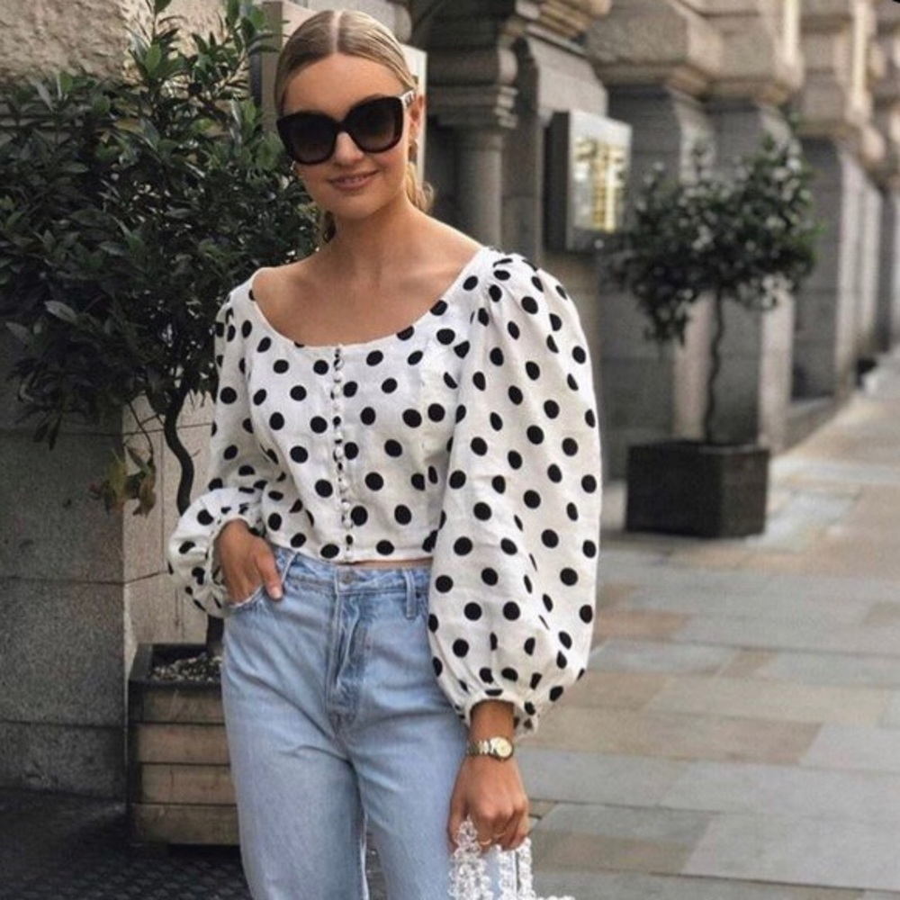 H&M polka dot balloon sleeved linen top Size 0